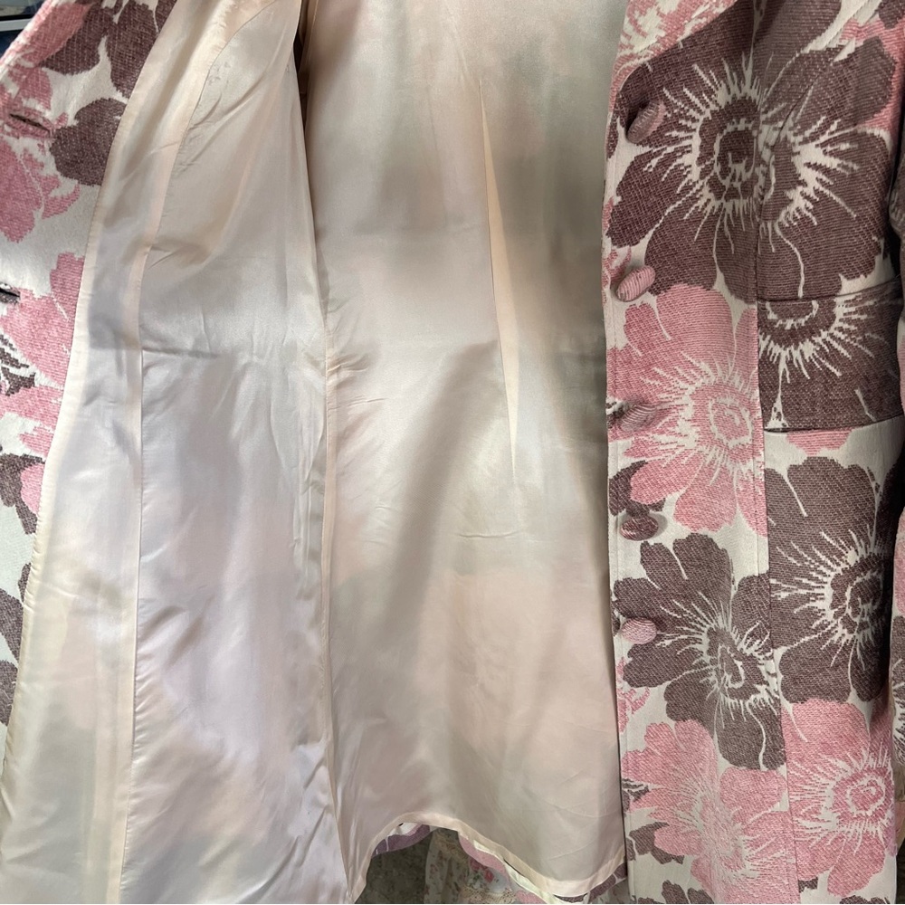 Anthropologie Pink Floral Bell Sleeve Long Winter Coat Size 12 Flocked Coquette - Picture 7 of 8
